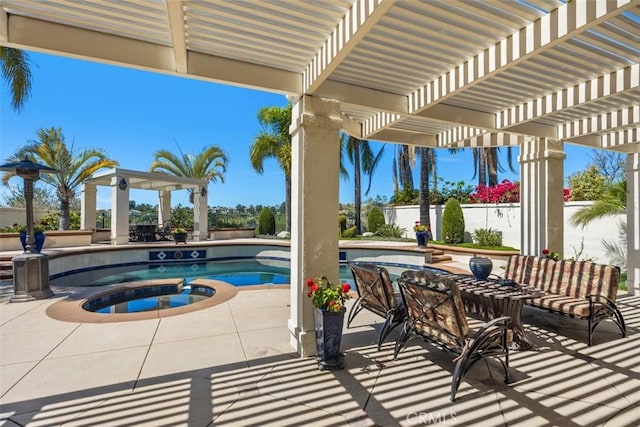 view of patio featuring a pergola, a fenced in pool, and an in ground hot tub