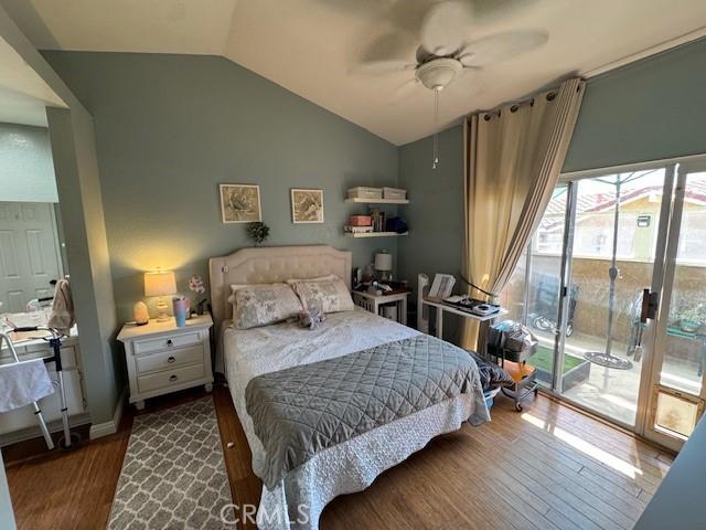 2 Via Pariente, Rancho Santa Margarita, CA 92688 - bedroom featuring wood finished floors, access to exterior, lofted ceiling, and a ceiling fan