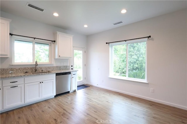 kitchen featuring stainless steel dishwasher, a wealth of natural light, a sink, white cabinetry, and visible vents
