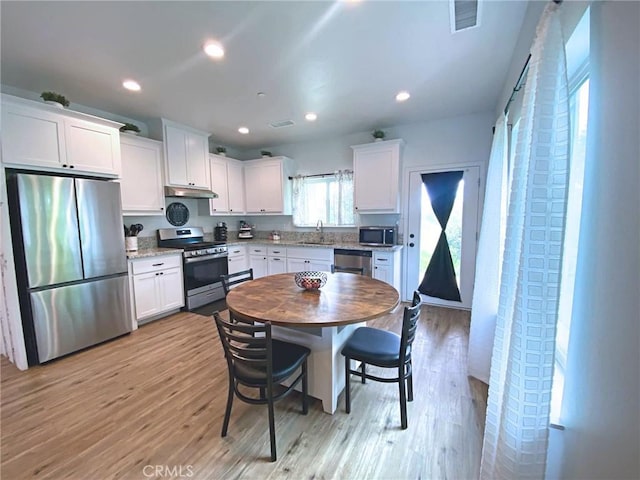 kitchen with stainless steel appliances, under cabinet range hood, white cabinets, a sink, and visible vents