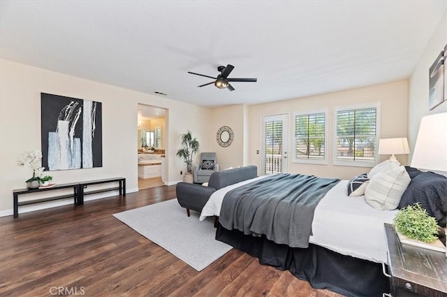 bedroom featuring visible vents, ensuite bathroom, baseboards, dark wood-style floors, and access to exterior