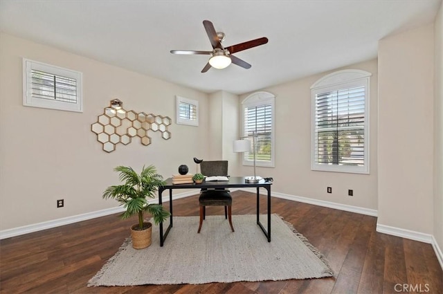 home office with dark wood-type flooring, baseboards, and a ceiling fan