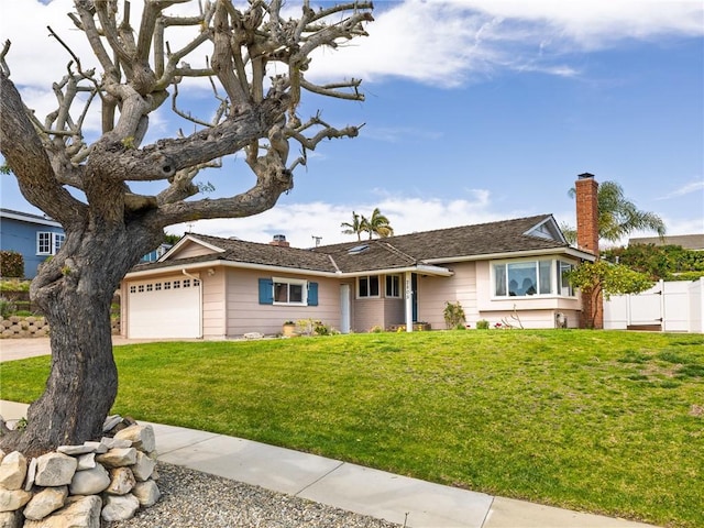 ranch-style home with fence, a chimney, a front lawn, and a garage