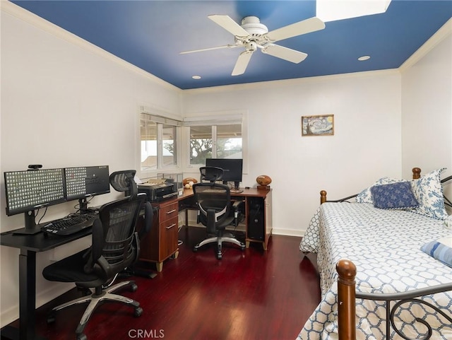 bedroom featuring baseboards, ornamental molding, recessed lighting, and dark wood-type flooring