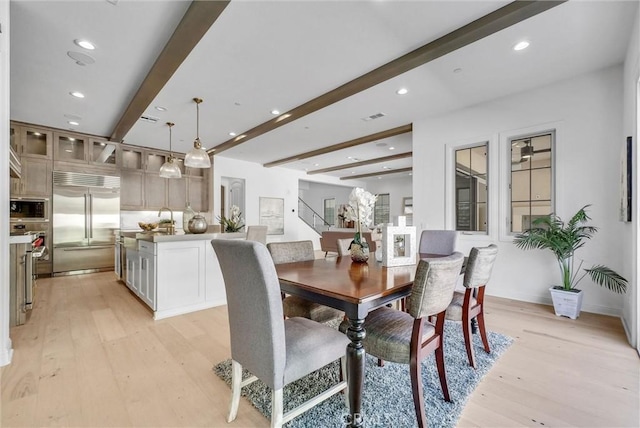 63 Poncho, Irvine, CA 92602 - dining room with beam ceiling, light wood-type flooring, recessed lighting, and stairs