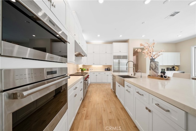 kitchen with premium appliances, visible vents, white cabinets, and a sink