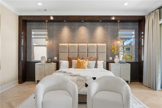 bedroom featuring crown molding, baseboards, visible vents, and recessed lighting