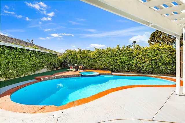 view of pool featuring a fenced backyard, a patio, a pool with connected hot tub, and a pergola