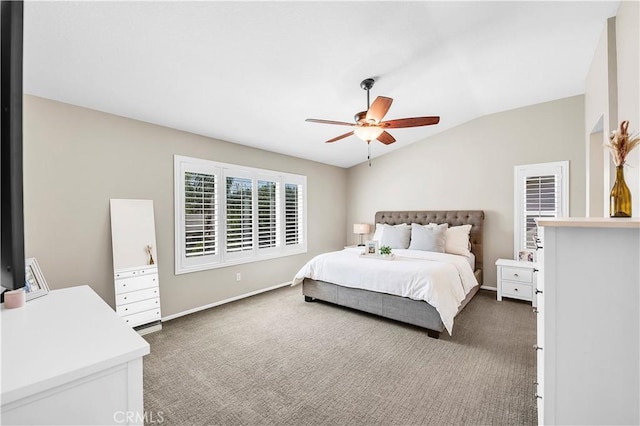 43273 Modena Dr, Temecula, CA 92592 - bedroom with ceiling fan, baseboards, carpet, and vaulted ceiling