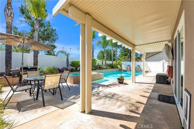 43273 Modena Dr, Temecula, CA 92592 - view of patio / terrace with a fenced in pool, outdoor dining area, a fenced backyard, and central air condition unit