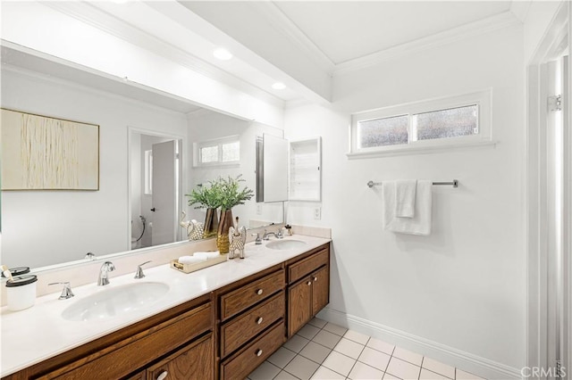 19 Alameda, Irvine, CA 92620 - full bath featuring ornamental molding, a sink, double vanity, and tile patterned floors