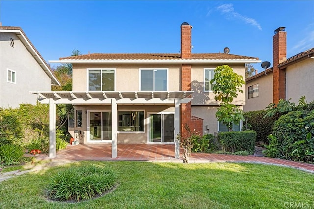 19 Alameda, Irvine, CA 92620 - back of house featuring a pergola, a lawn, a chimney, a patio, and stucco siding