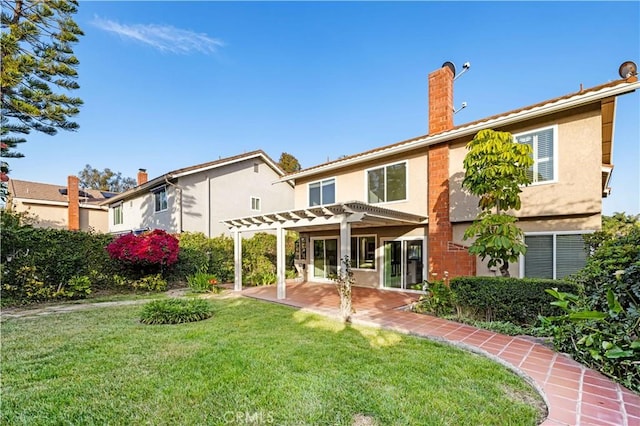 19 Alameda, Irvine, CA 92620 - rear view of property with a pergola, a chimney, a yard, a patio, and stucco siding