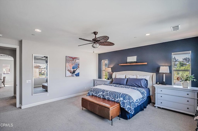 bedroom featuring visible vents, recessed lighting, and carpet flooring