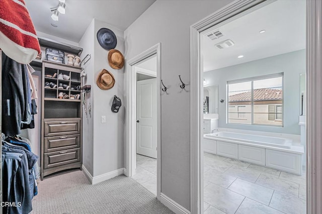 spacious closet featuring light colored carpet and visible vents