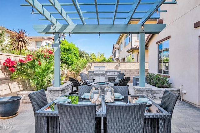 view of patio / terrace with outdoor dining space, a pergola, a grill, and fence