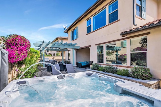 exterior space featuring a pergola, a hot tub, outdoor lounge area, fence, and a patio