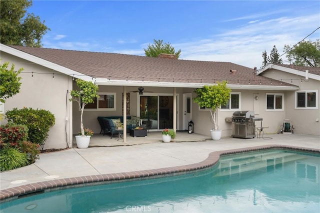 5303 Avondale Way, Riverside, CA 92506 - pool with a patio, ceiling fan, an outdoor living space, and grilling area