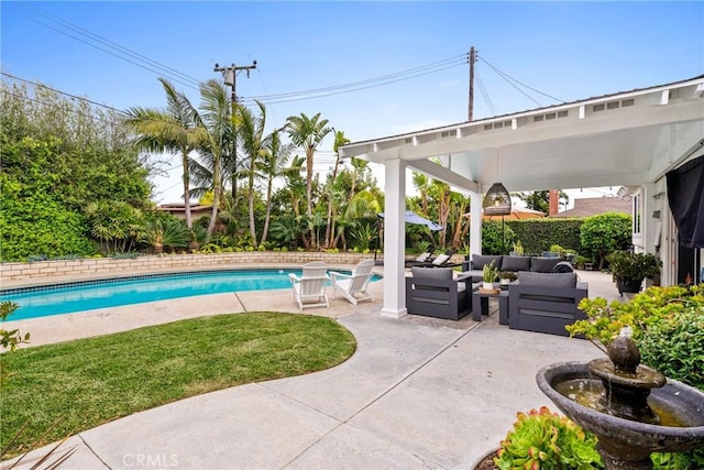 2818 Francis Ln, Costa Mesa, CA 92626 - outdoor pool featuring a lawn, a patio, an outdoor living space, and a fenced backyard