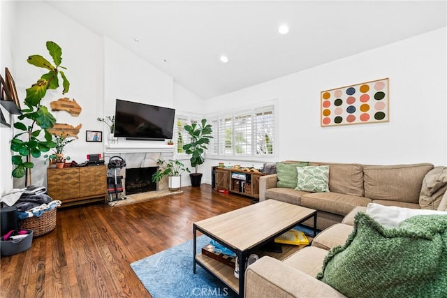 2818 Francis Ln, Costa Mesa, CA 92626 - living room with recessed lighting, high vaulted ceiling, wood finished floors, and a high end fireplace