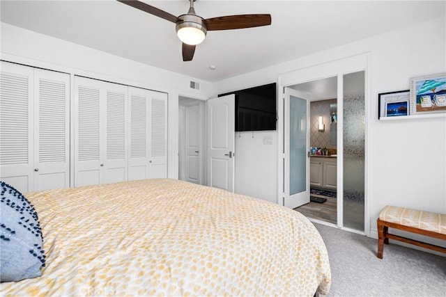 2818 Francis Ln, Costa Mesa, CA 92626 - carpeted bedroom with baseboards, a ceiling fan, ensuite bath, and visible vents