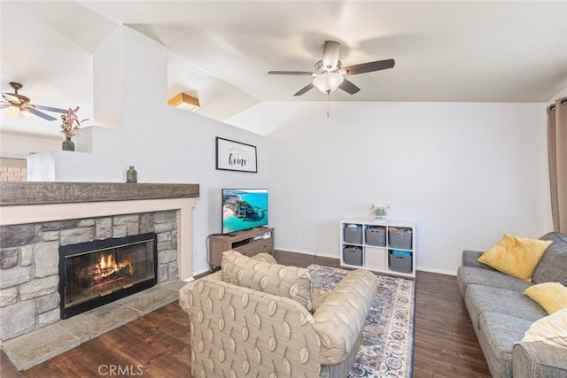 29129 Crestline Dr, Menifee, CA 92584 - living room featuring a ceiling fan, a fireplace, wood finished floors, lofted ceiling, and baseboards