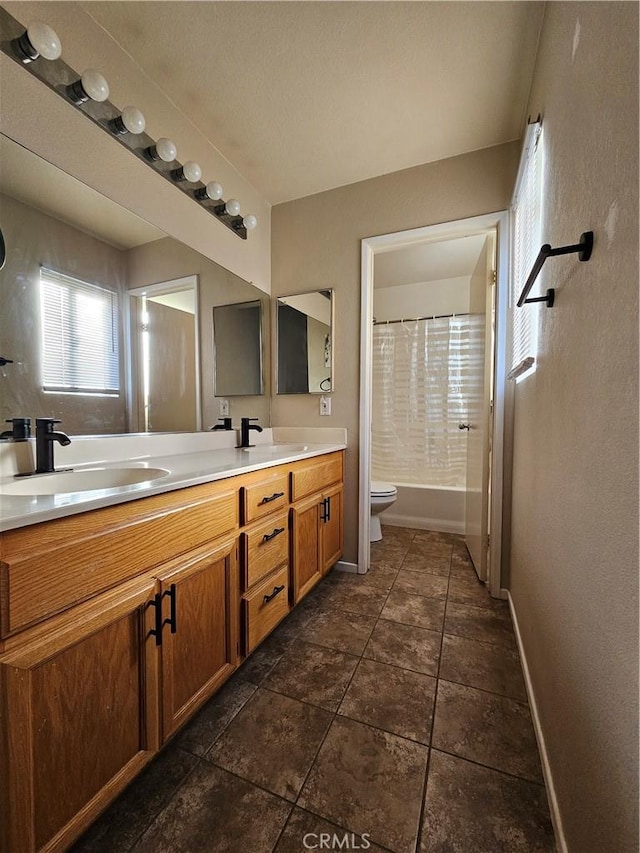 29129 Crestline Dr, Menifee, CA 92584 - full bathroom with double vanity, baseboards, toilet, and shower / bath combination with curtain