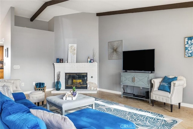 43590 Warner Trl, Palm Desert, CA 92211 - tiled living room with baseboards, lofted ceiling with beams, and a fireplace
