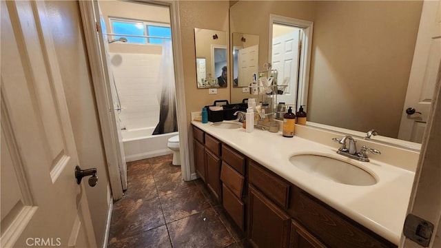 12613 Torrey Pine Rd, Moreno Valley, CA 92555 - bathroom featuring toilet, double vanity, and shower / bathtub combination with curtain