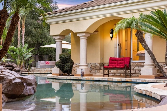 1199 Village Dr, Chino Hills, CA 91709 - pool at dusk featuring an outdoor pool, outdoor lounge area, and a patio