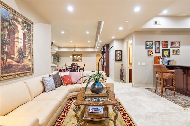 1199 Village Dr, Chino Hills, CA 91709 - living area with recessed lighting, a dry bar, baseboards, and light tile patterned floors