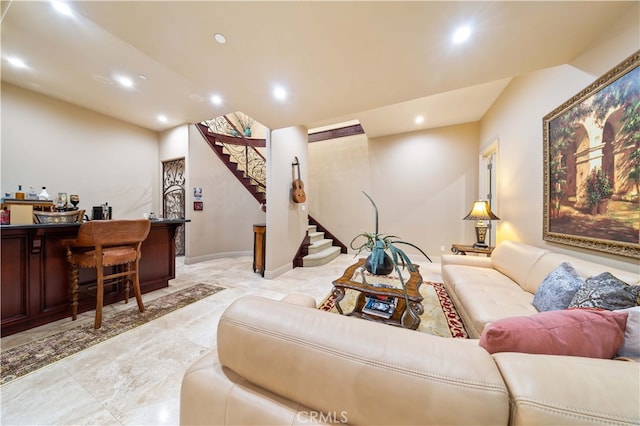 1199 Village Dr, Chino Hills, CA 91709 - living room featuring stairs, recessed lighting, a dry bar, and light marble finish floors