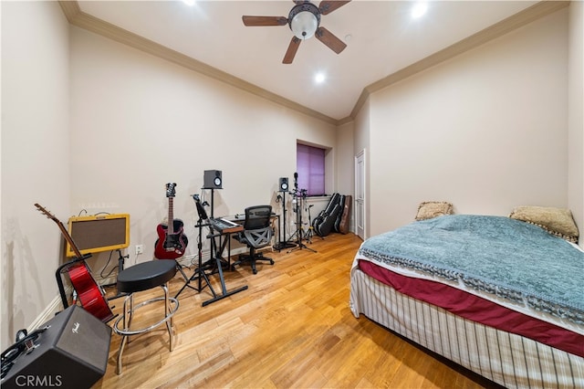 1199 Village Dr, Chino Hills, CA 91709 - bedroom with ornamental molding, wood finished floors, recessed lighting, and ceiling fan