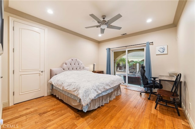 bedroom with crown molding, access to exterior, light wood finished floors, and recessed lighting