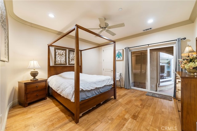 bedroom featuring visible vents, a ceiling fan, light wood-style floors, crown molding, and access to exterior