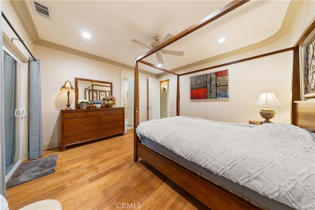 bedroom featuring crown molding, a ceiling fan, visible vents, recessed lighting, and wood finished floors