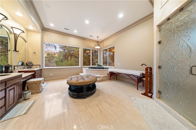 full bath featuring visible vents, ornamental molding, recessed lighting, a shower stall, and vanity