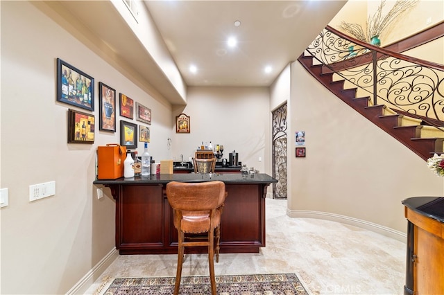 1199 Village Dr, Chino Hills, CA 91709 - indoor dry bar featuring baseboards, stairway, and recessed lighting