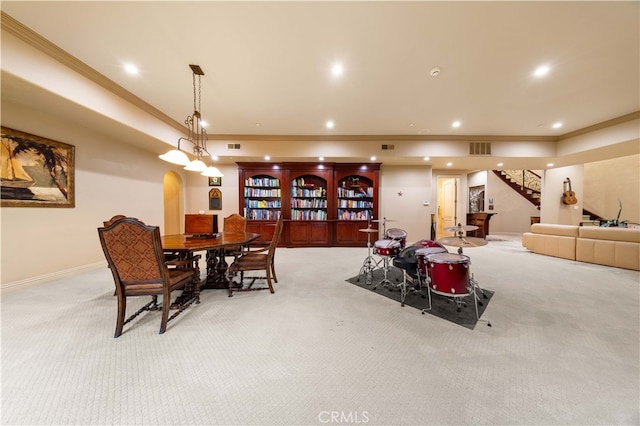 1199 Village Dr, Chino Hills, CA 91709 - dining room with light carpet, ornamental molding, arched walkways, recessed lighting, and stairs