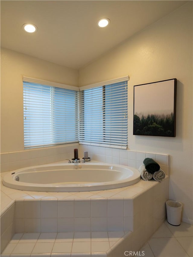 406 Delle Dr, Crestline, CA 92325 - bathroom with a bath, recessed lighting, and tile patterned floors