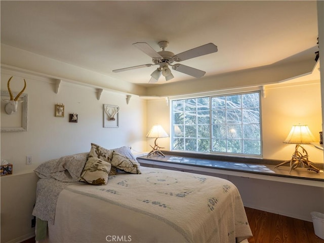406 Delle Dr, Crestline, CA 92325 - bedroom featuring dark wood-style flooring and a ceiling fan