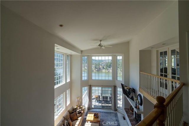 406 Delle Dr, Crestline, CA 92325 - interior space with a towering ceiling, a ceiling fan, plenty of natural light, and a water view