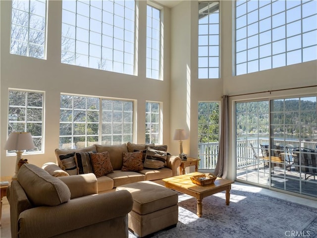 406 Delle Dr, Crestline, CA 92325 - living room featuring a wealth of natural light and a towering ceiling