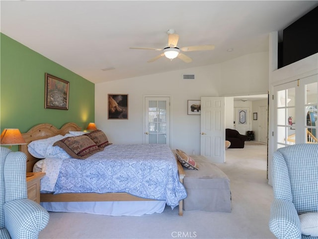 406 Delle Dr, Crestline, CA 92325 - carpeted bedroom with visible vents, ceiling fan, and vaulted ceiling
