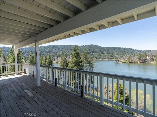406 Delle Dr, Crestline, CA 92325 - wooden terrace featuring a water view and a view of trees
