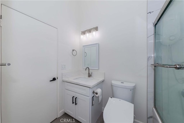full bath with toilet, enclosed tub / shower combo, and vanity