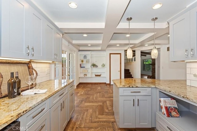 1736 E Edgecomb St, Covina, CA 91724 - kitchen with recessed lighting, decorative backsplash, decorative light fixtures, light stone countertops, and a peninsula