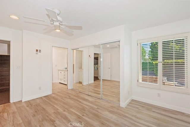 1736 E Edgecomb St, Covina, CA 91724 - unfurnished bedroom with light wood finished floors, baseboards, a closet, ensuite bathroom, and recessed lighting