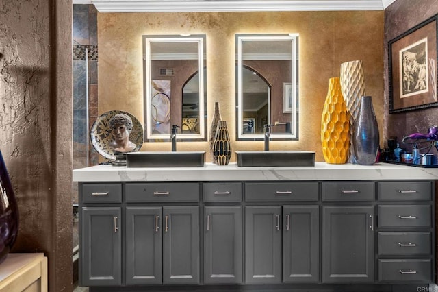 455 Ridgeview Ct, Bonita, CA 91902 - full bathroom with double vanity, a sink, and ornamental molding