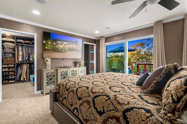 455 Ridgeview Ct, Bonita, CA 91902 - carpeted bedroom with crown molding, a textured ceiling, a ceiling fan, a spacious closet, and recessed lighting